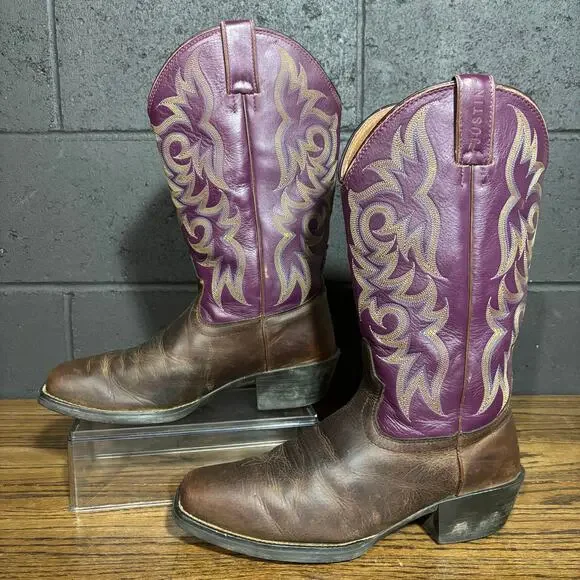 Justin Stampede Purple Shaft Western Boots 9.5D Brown Leather Cowboy Square Toe - Picture 2 of 8